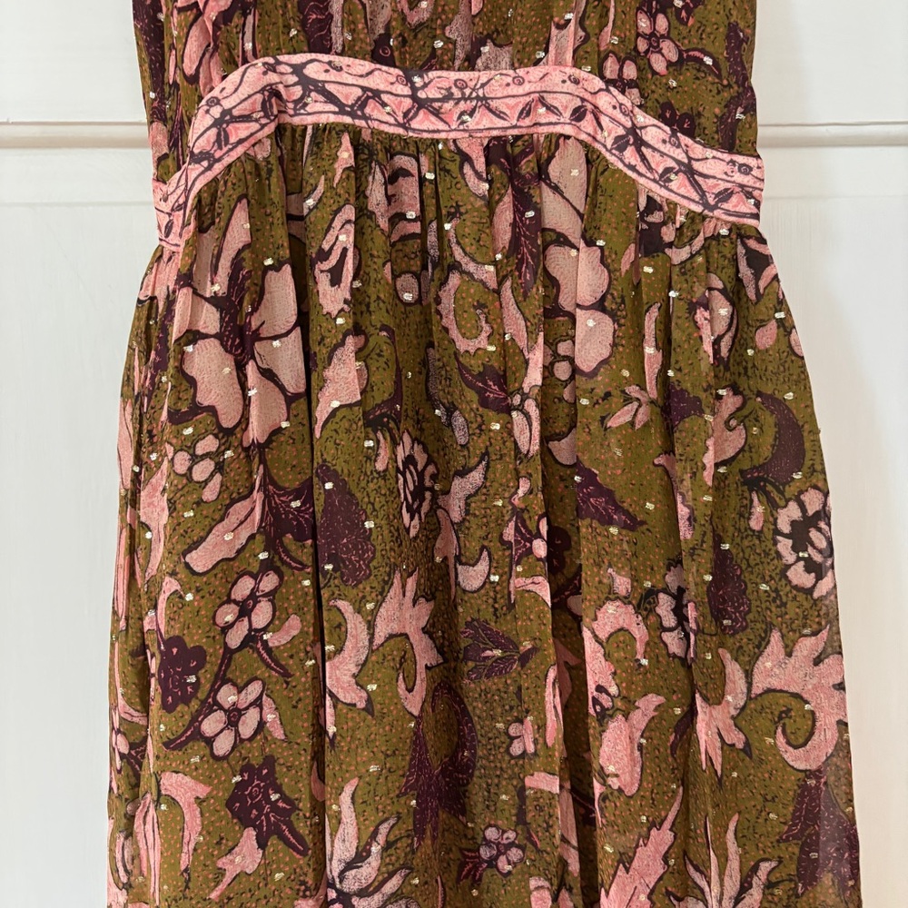 Ulla Johnson RARE Celestia Floral Batik Print Midi Dress Olive Ruffl Silk Size 6 - Picture 16 of 17